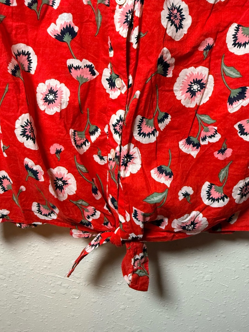 J. Crew Floral Tie Front Cotton Blouse Red Pink Short Sleeve Summer Cottagecore - Picture 5 of 11